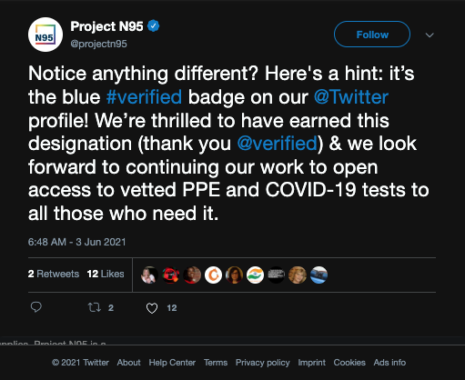 Screenshot of Tweet from When Project N95 Earned Verification