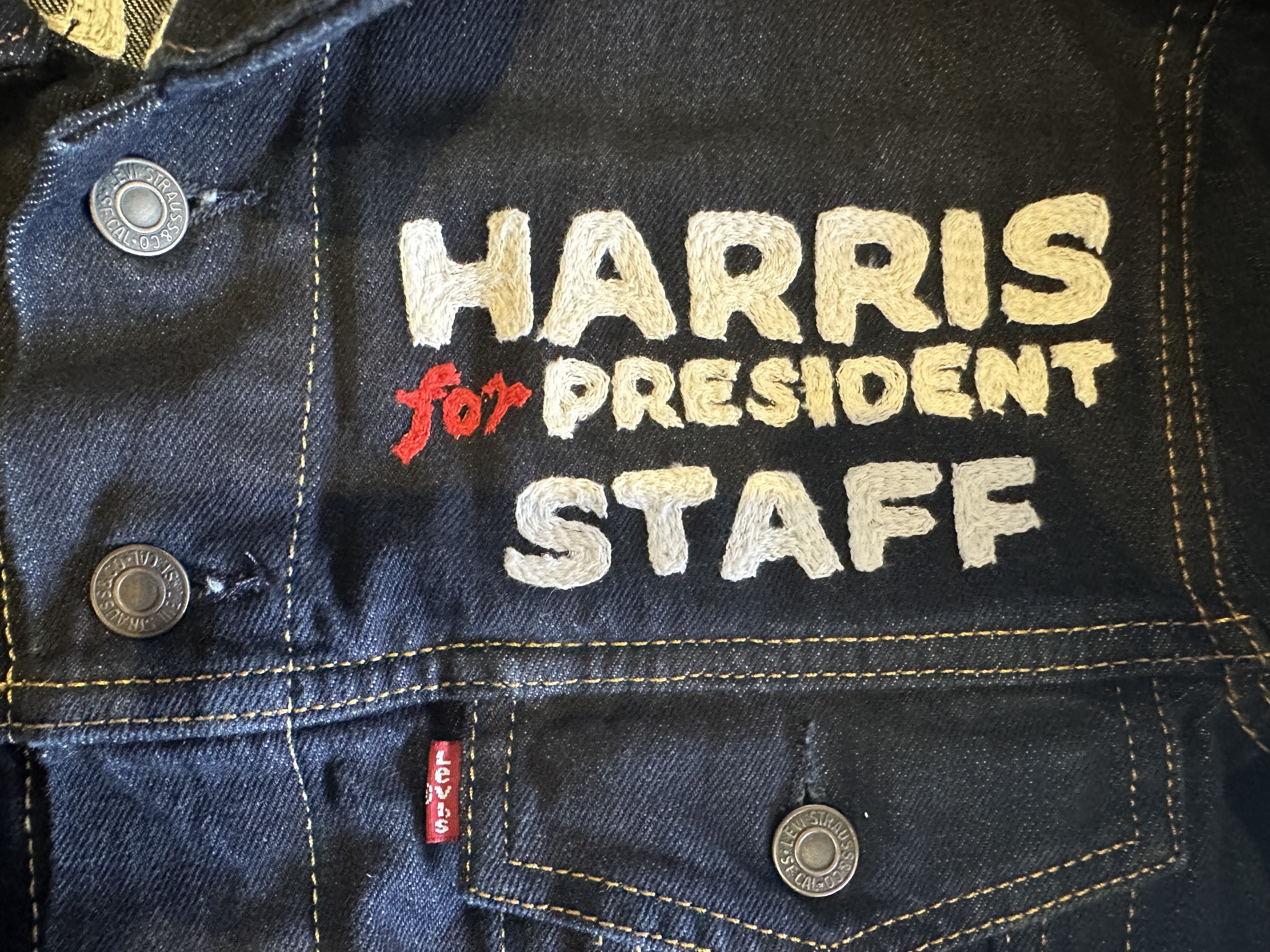 Harris/Walz campaign denim jacket with patches