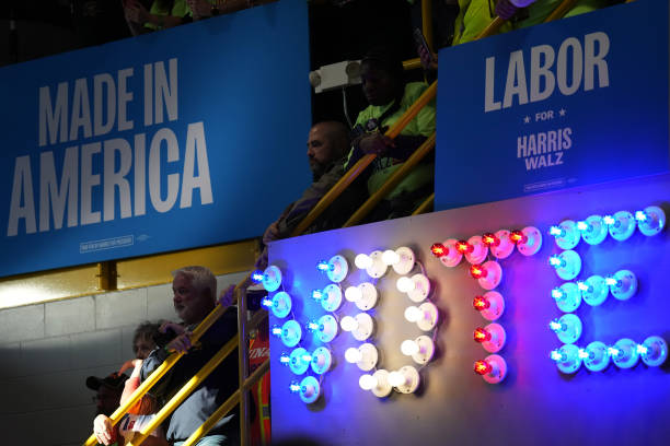 Harris/Walz labor rally with VOTE marquee lights